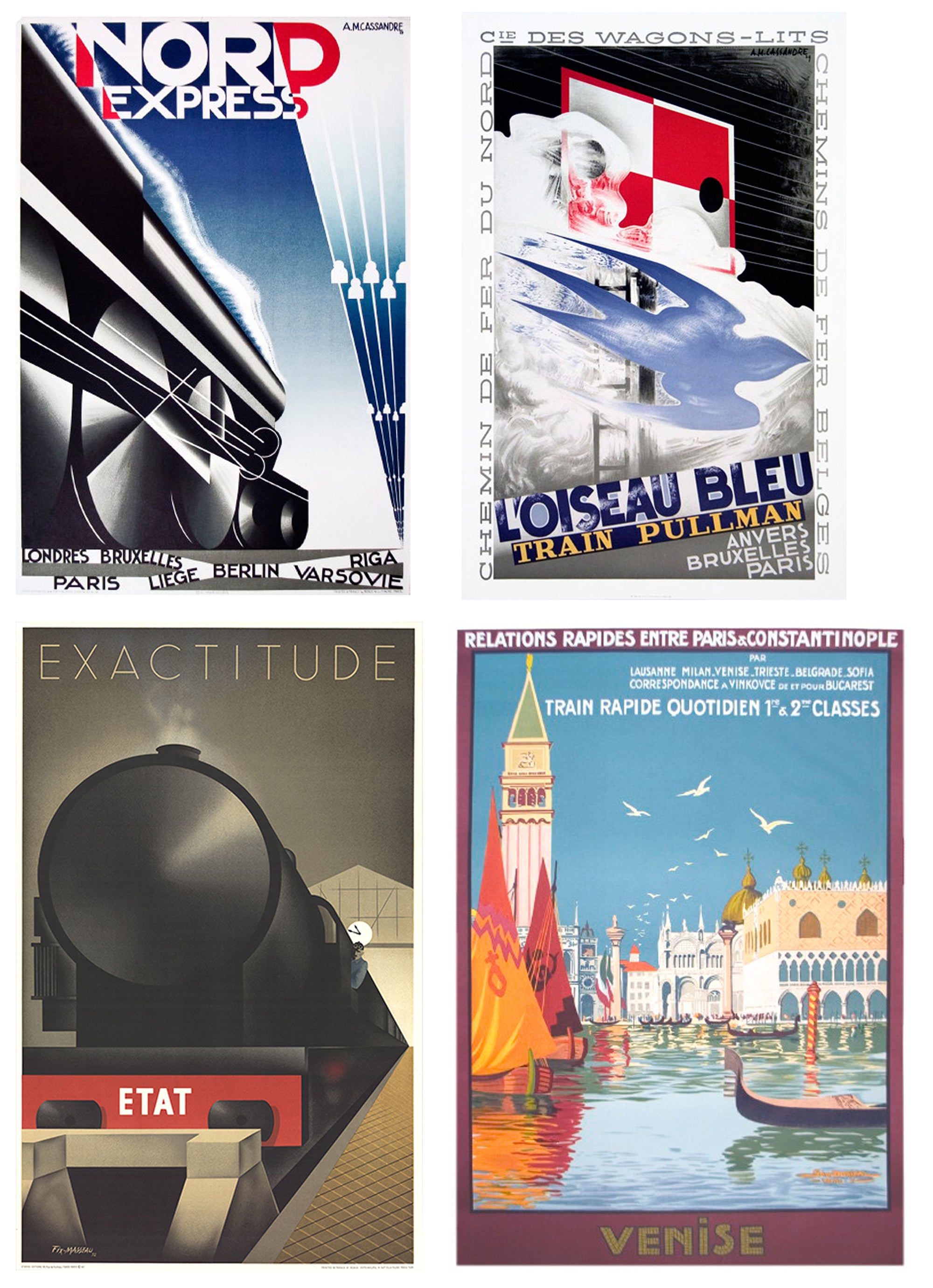 Bundle- 4 Assorted Vintage Train Travel Lithographs